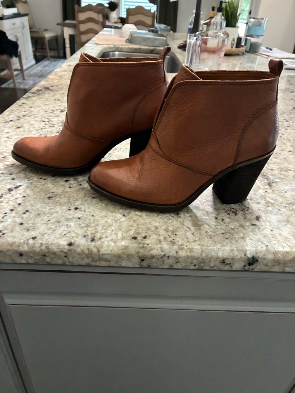 Lucky Brand Tan Leather Ankle Booties with Stacked Heel